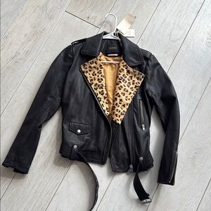 Black Leather Jacket with Leopard Lining